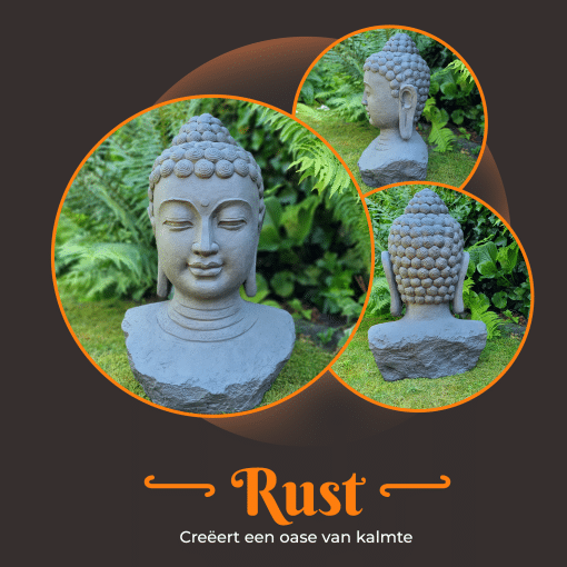 XL Boeddha Hoofd Tuinbeelden voor Buiten – Meditatie - Groot Donker Grijs Tuinbeeld - 60cm 2