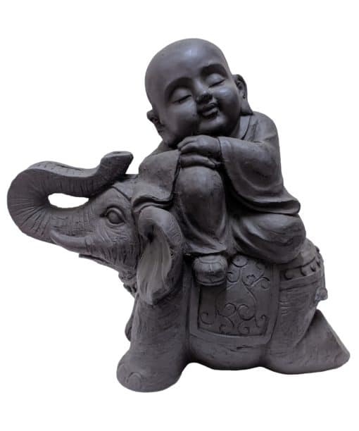 Shaolin monniken beeld – Donker grijs shaolin monnik op olifant 44 cm 4