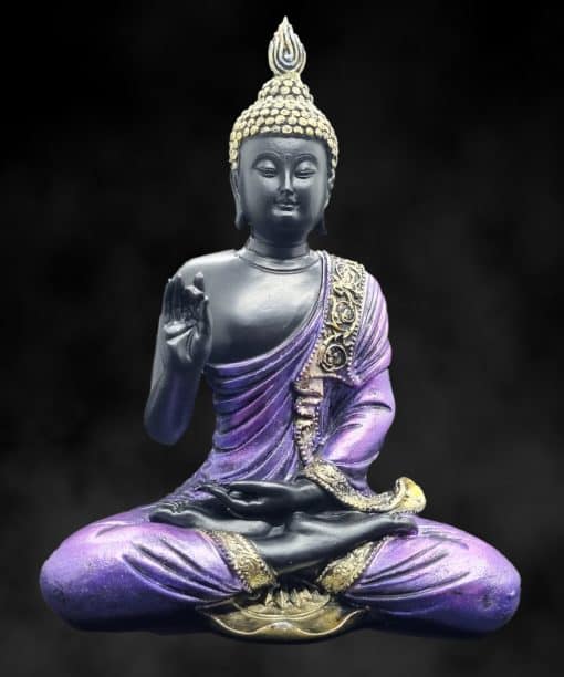 Zittend Thais Boeddha beeld Chin Mudra paars zwart 21.5cm