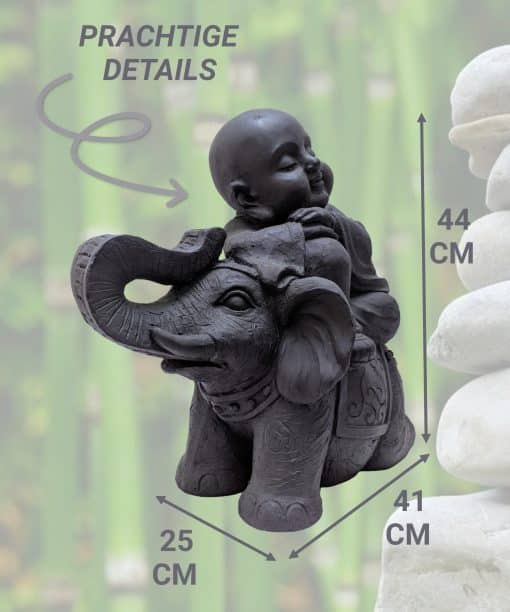 Shaolin monniken beeld – Donker grijs shaolin monnik op olifant 44 cm 2