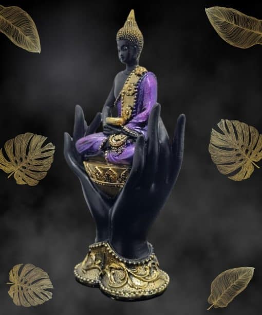 Thaise Boeddha Zittend in Handen zwart-paars 15.5cm 4